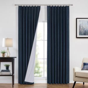 Vision Home Navy Blue Pinch Pleated Full Blackout Curtains Linen Blended Room Darkening Curtain Panels 84 inch for Living Room Bedroom Thermal Insulated Pinch Pleat Drapes with Hooks 40" Wx84 Lx2