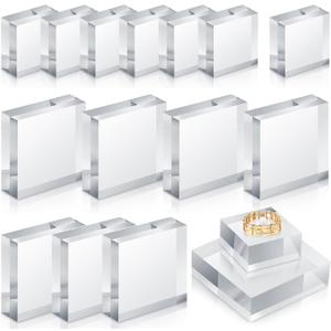 Remerry 16 Pcs Clear Acrylic Blocks Square Display Block Clear Polished Cube Acrylic Jewelry Display Stand Ring Showcase Holder Base(2 x 2 x 1 Inch, 4 x 4 x 1 Inch)