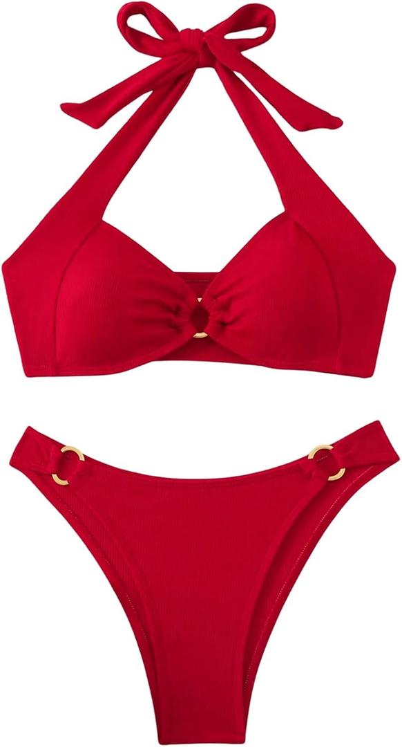 MakeMeChic Halter Bikini Sets for Women Sexy Micro Bikini Bathing Suit Two Piece Swimsuits 2025 (Small, Red)