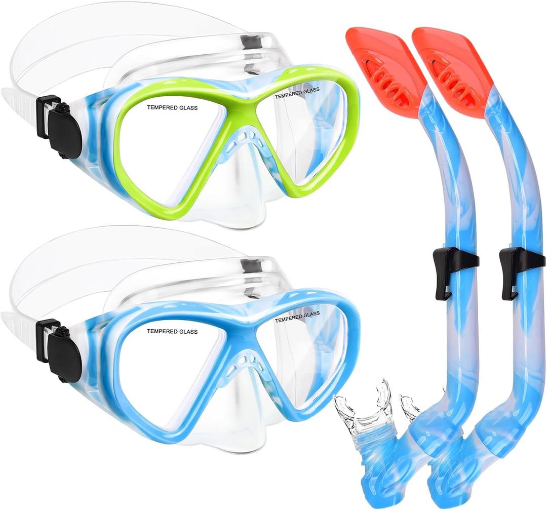 2 Sets Snorkeling Gear for Kids, Kids Snorkel Set for Ages 6-14, Dry Top Snorkel Mask Set for Youth Boys Girls Junior, Tempered Glass Diving Swimming Mask Goggles (Z-2Set(Blue Yellow+Blue Blue))