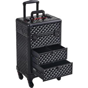 Yaheetech Rolling Makeup Train Case with Drawers Professional Nail Tech Travel Case Cosmetics Storage Organizer Beauty/Nail Art/Hair Styling Travelling Cart Trunk Black