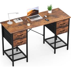 Sweetcrispy Computer Desk with Drawers, 55 Inch Home Office Bedroom Table with 4 Fabric Drawers & 2 Mesh Storage Shelves, Wood Table with X-Shaped Structure for Writing Study PC Desk, Brown