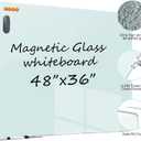 Glass Dry Erase White Board - 48 x 36 Inches Magnetic Glass Whiteboard for Wall Mounted, 4' x 3' Frameless Boards for Classroom Home, Office Supplies