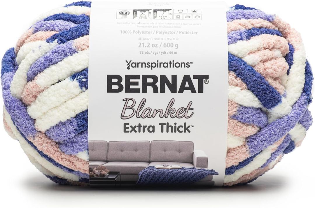 Bernat Blanket Extra Thick Blueberry Peach Yarn - 1 Pack of 600g / 21.2oz - 100% Polyester - #7 Jumbo - 72Yards - Knitting/Crochet