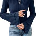 SweatyRocks Women's Bell Sleeve Crop Tops Dressy Casual Crewneck Lettuce Trim Ribbed Fitted Shirts (Medium, Dark Blue)