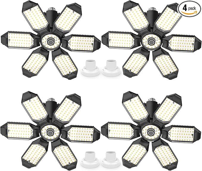 Led Garage Lights 4 Pack 200W Super Bright Ceiling Led Shop Lights, E26/E27 Base, 6500K, 22000LM Deformable Garage Light Ideal for Basement, Attic and Workshop