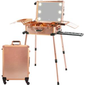Large Makeup Train Case with Speaker & Code Lock & Full Screen Lighted Mirror & 3 Light Colors Lighted Rolling Cosmetic Organizer, Professional Artist Trolley Studio Free Standing