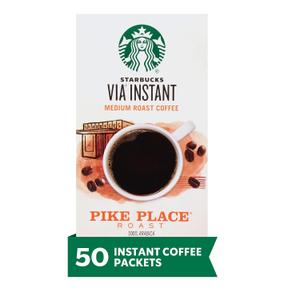 Starbucks VIA Instant Coffee, Medium Roast Coffee, Pike Place Roast, 100% Arabica, Single-Serve, 1 Box (50 Packets) (EXP 11/18/26)