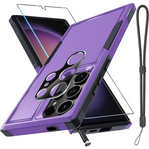 RMOCR Case for Samsung Galaxy S25 Ultra, Full Body Heavy Duty Rugged Shockproof Protective Phone Cover with Lanyard Strap, Tempered Glass Screen Protector and Camera Lens Cover, Lavender