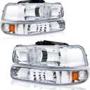 Headlights Assembly for 1999-2002 Chevy Silverado 1500 2500 1500HD 2500HD 3500/2000-2006 Tahoe Suburban 1500 2500 Replacements Headlamp Amber Reflector Chrome Housing