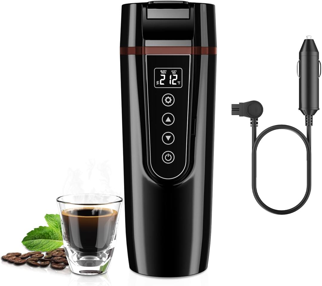Car Electric Kettle for Travel : FVPE 12V/ 24V Small Electric Water Kettle, Multi-Temp Control 400 mL Portable Car Water Boiler for Brewing Coffee Tea, LCD Display 304 Stainless Steel Truck Heating Cup
(Black)