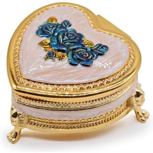 Classic Vintage Heart Shape Metal Jewelry Box Ring Trinket Storage Organizer Chest Christmas Gift, Gold & Blue