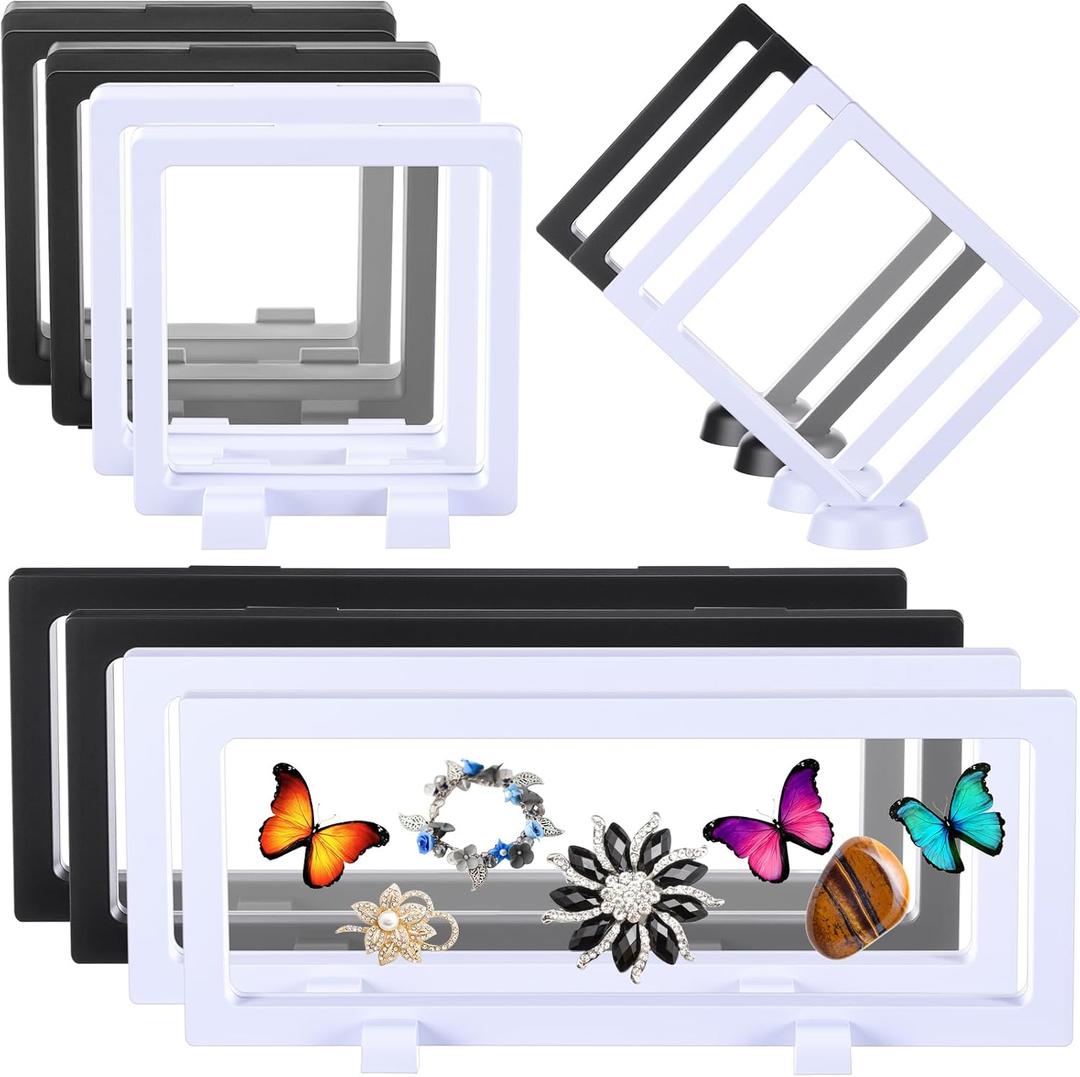 Harloon 12 Pcs 3D Floating Display Case Floating Frame Display Holder Stand Challenge Coin Jewelry Frame Box for AA Medallions Fossil Rock Gemstones Specimen(Black White,Multiple Sizes,Multiple Base)