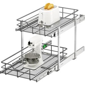 2 Tier Pull Out Cabinet Organizer - 14" W x 22" D Soft Close Slide Out Shelves with Shelf Liners - Pullout Drawers for Kitchen Cabinets, Pantry, Bathroom, Heavy Duty Steel Wire Baskets