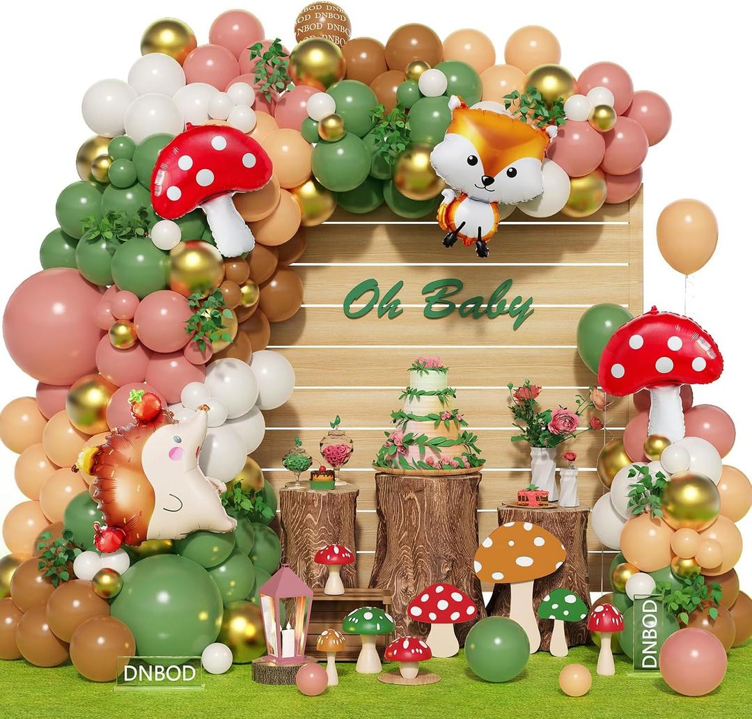 158Pcs Sage Green Pink Gold Woodland Balloon Garland Arch Kit,with Mushroom,Fox,Hedgehog Foil Balloons for Forest Fairy Wild Animal Theme Baby Shower Birthday Spring Garden Tea Party Decorations