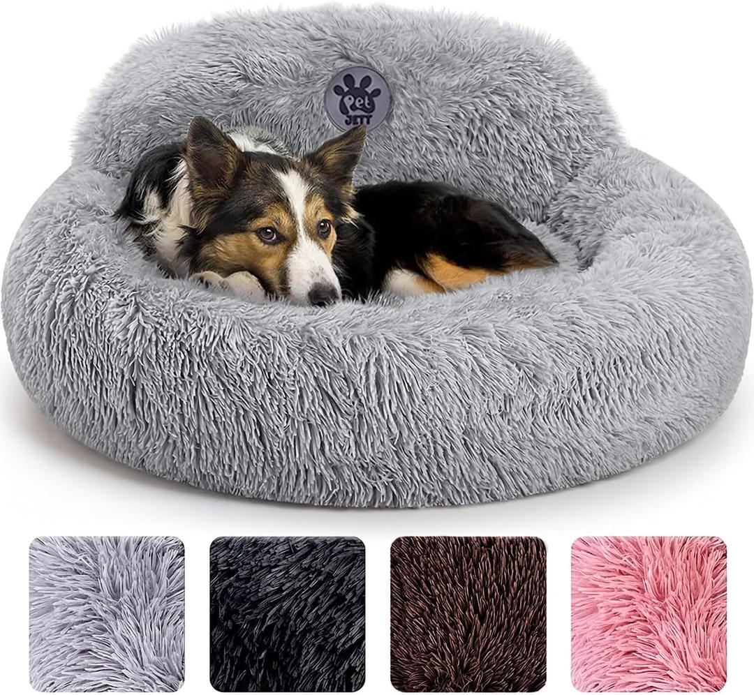 PetJett Calming Dog Bed Medium Size Dog - 30'' Donut Bed, Washable Dog Bed - Anti-Slip Super Soft Fluffy Plush Round Bed, Anti-Anxiety Premium Comfort Pet Bed, Fits Dogs up to 45 lbs - Bright Grey