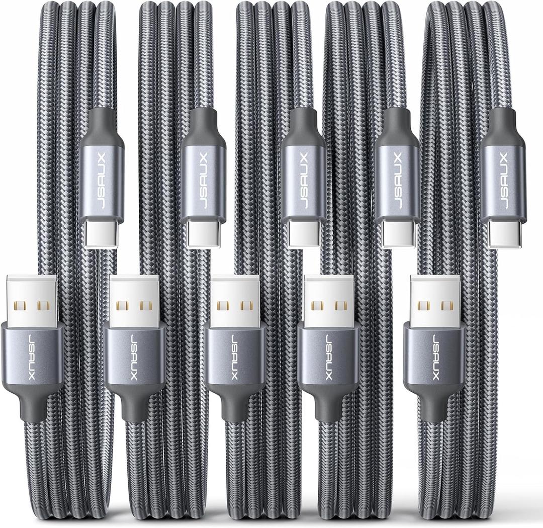 JSAUX USB C Cable [5-Pack 3.3ft], USB A to USB Cord 3A Fast Charging Compatible with iPhone 16/16 Plus/16 Pro/16 Pro Max/iPhone 15 Series, Samsung Galaxy S20 S10 S9, Note 20 10, Car Play, LG - Grey