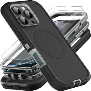 for iPhone 16 Pro Case, Compatible with Magsafe, Military Grade 3 in 1 Heavy Duty Shockproof/Drop Proof/Dust Proof Case with 2Pcs Tempered Glass Screen Protector (New-Black/Grey) for iPhone 16 Pro Case, Compatible with Magsafe, Military Grade 3 in 1 Heavy Duty Shockproof/Drop Proof/Dust Proof Case with 2Pcs Tempered Glass Screen Protector (New-Black/Grey)