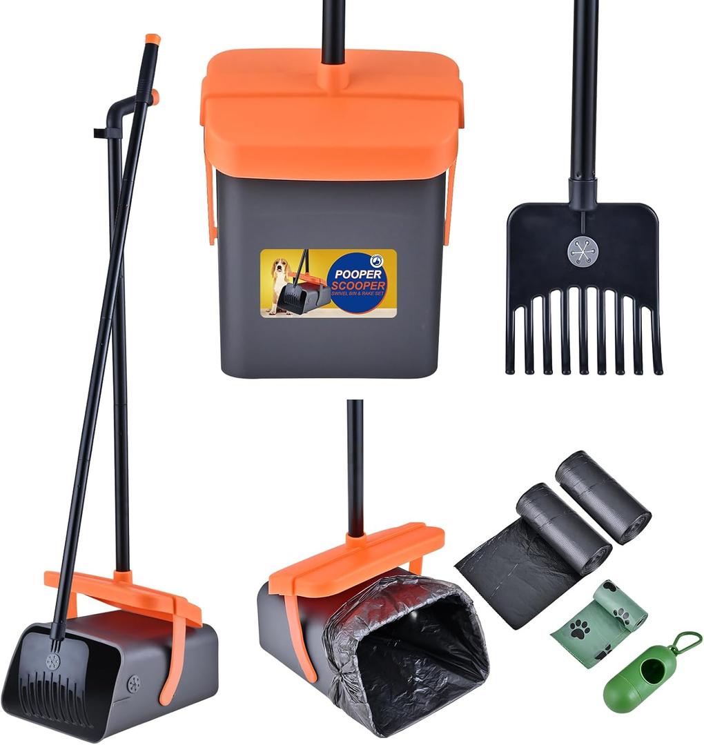 Dog Pooper Scooper Swivel Bin & Rake Kit with 55 Waste Bags, 46" Long Handle Adjustable Portable Non-Breakable Poop Scooper Easy to Clean Pet Waste