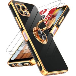 LeYi for Revvl 7 5G Case:       with 2 Pack Tempered Glass Screen Protector and 360 Rotatable Ring Holder Magnetic Kickstand, Plating Rose Gold Edge Case, Black
