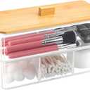 Qtip Holder, Cotton Swab and Ball Dispenser 2 Layer with Wood Lid Clear Acrylic Bathroom Canisters Cotton Pad Organizer Bathroom Vanity Countertop