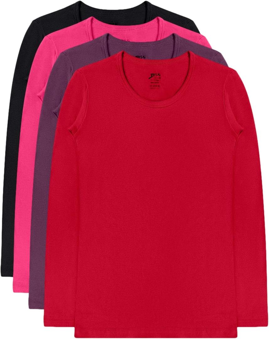 Brix Girls' Long Sleeve Tees - 100% Cotton Tagless 4 -Pack Crew Neck Super Soft Cotton T Shirts. (7-8 Years, Purple, Black, Red, Fuschia Pink)