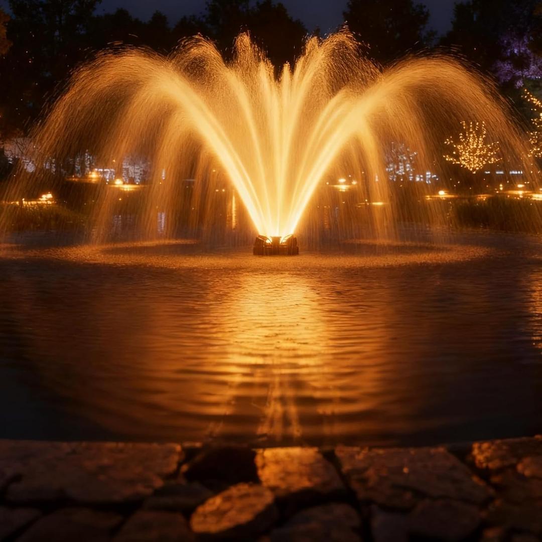 Pond Fountain Aerator with Lights, 1 HP with Dynamic RGB Lighting, Adjustable Modes, Digital Timer, for Large Ponds, Lakes & Outdoor Water Features, 15,000 GPH, 750W 110V, 100FT Cord