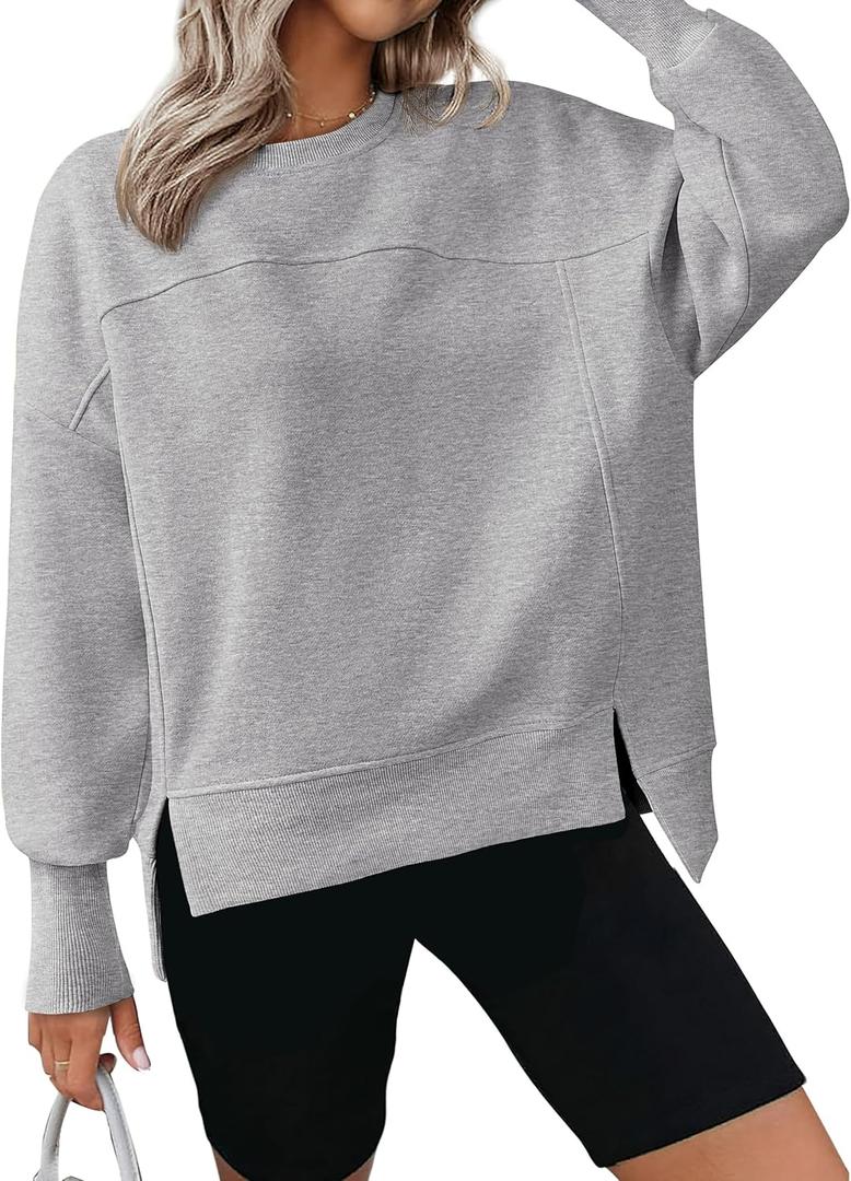BTFBM Women's Casual Crewneck Sweatshirts 2026 Spring Fall Clothes Long Sleeve Side Slit Workout Fleece Pullover Tops (Medium, Grey)