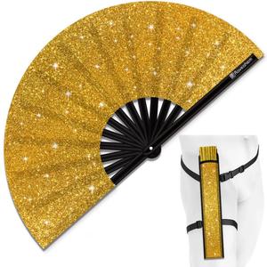 Glitter Large Rave Folding Clack Hand Fan with Holster for Men Women Handheld Fan for EDM,Festival,Club,Party,Dance (Golden, 11")