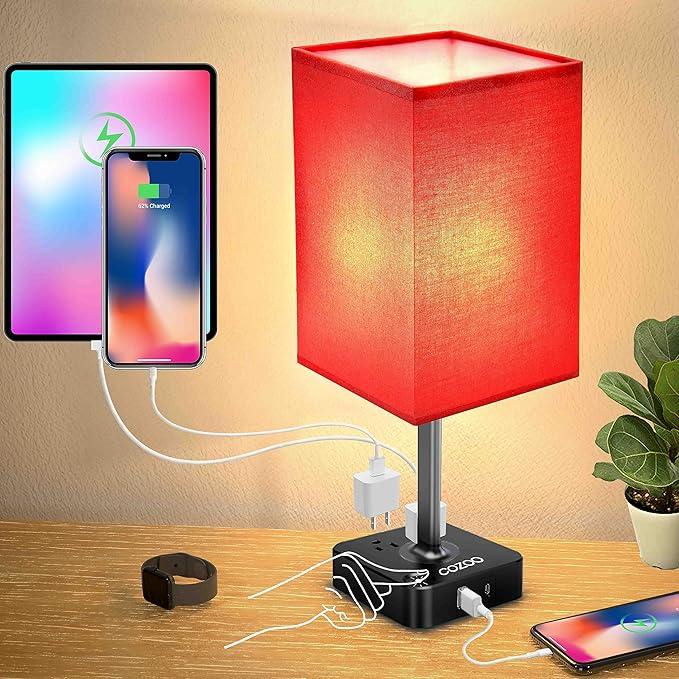cozoo USB Bedside Table Desk Lamp with 2 USB Charging Ports and 2 Outlets Power Strip,Dimmable Table Lamp with Red Fabric Shade, LED Light for Bedroom/Nightstand
