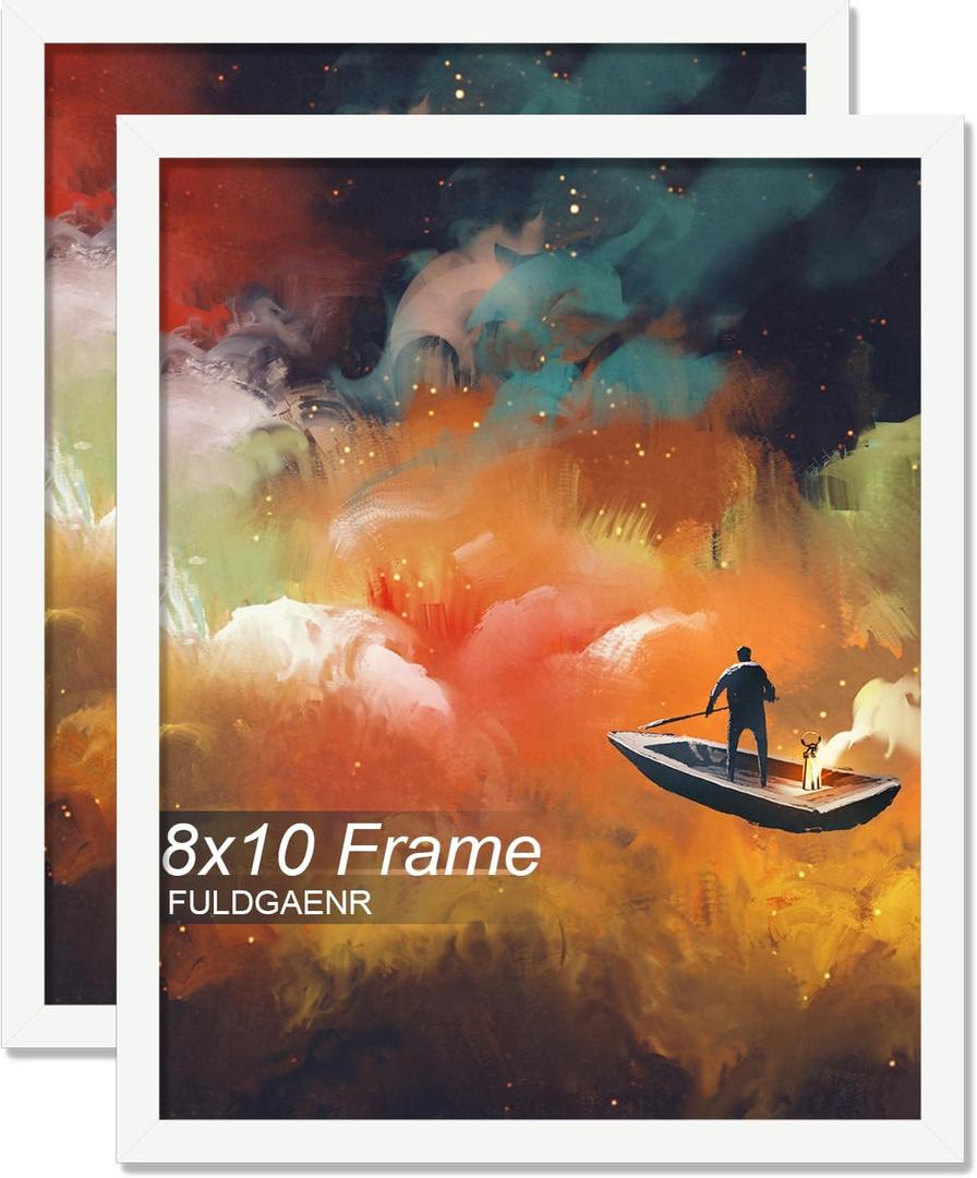 FULDGAENR 8x10 Picture Frame Set of 2, White Frames for 8 x 10 Inch Photo Poster Certificate, High Transparency Wall/Tabletop Frame with Horizontal Vertical Display (2 Pack | White | 8"x10")