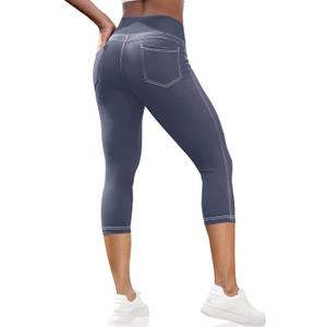 VOOVEEYA Capri Leggings for Women, High Waisted Yoga Pants with Back Pockets Crop Workout Capris Pants (X-Large, Blue)
