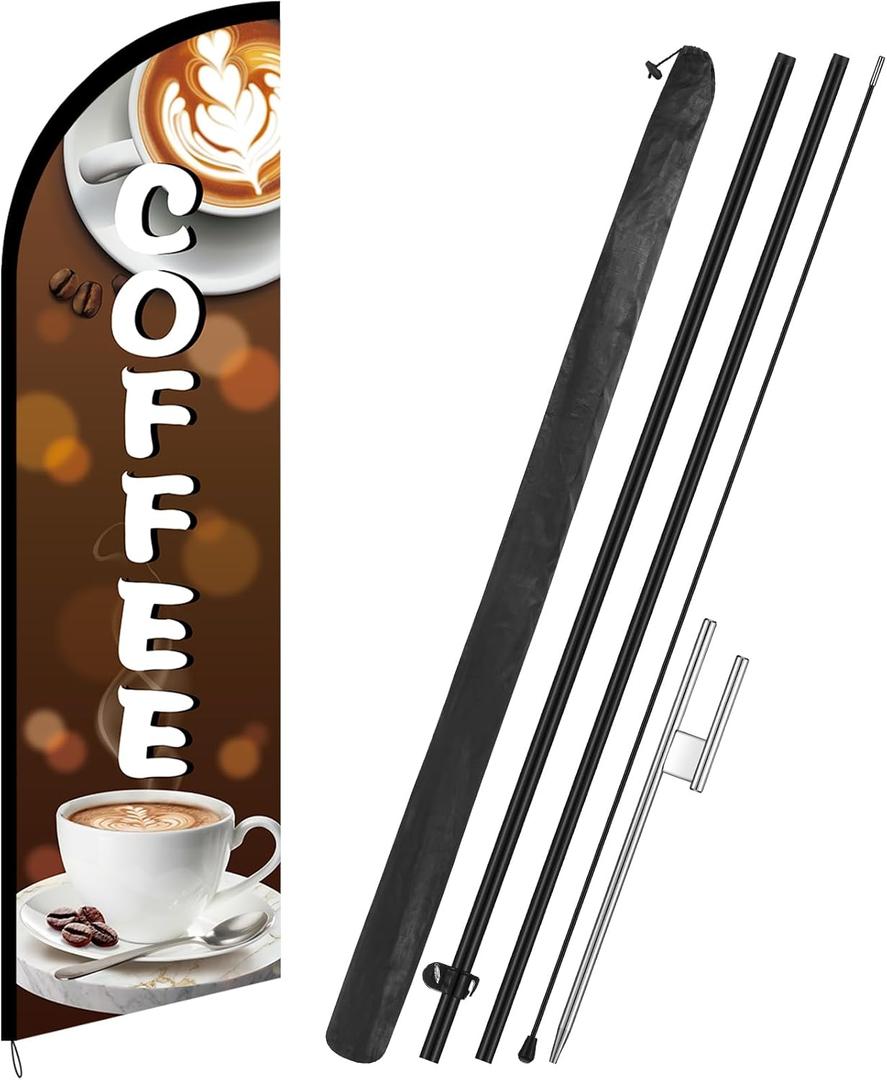 Remagr 1 Pcs 11 ft Coffee Feather Flag Coffee Advertising Swooper Banner with Pole and Ground Stake Windless Shop Sign Tall for Outdoor Business Advertising