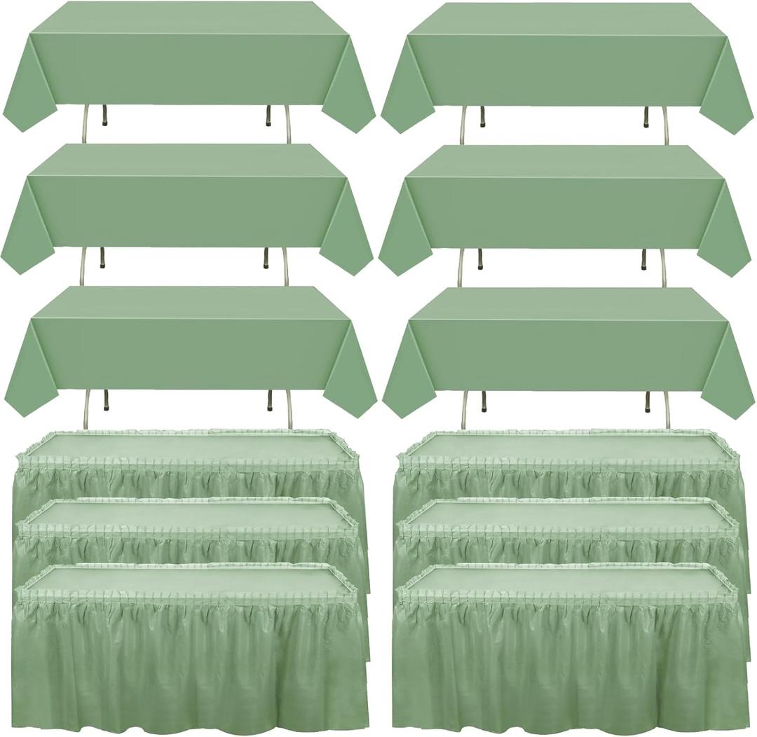 VitalCozy 12 Pcs Green Plastic Table Skirts and Anti Proof Table Cloths 54 x 108 Inch Rectangle Tablecloths 168 x 29 Inch Disposable Tableskirt for Baby Shower Wedding Birthday Christmas Party Decor
