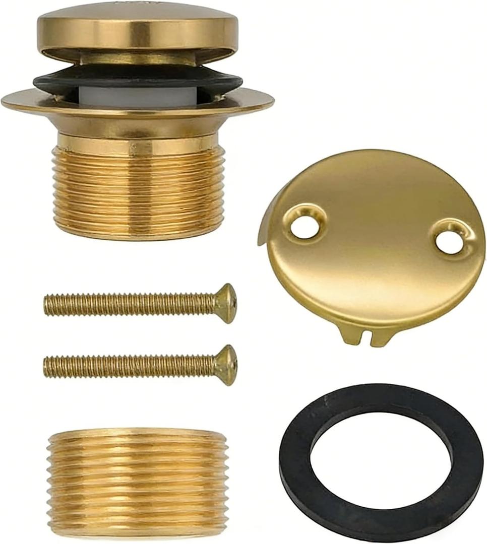 Toe-Touch tub Drain Kit, Universal Bath Drain Stopper with Two-Hole Overflow Plate, No Putty Installation, Fits 1-1/2" & 1-5/8" Threads - Champagne Bronze
