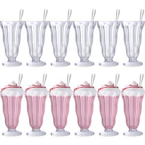 Maxcheck 12 Set Milkshake Glass 17 oz Sundae Glasses with Stainless Steel Spoons Old Fashioned Clear Soda Milkshake Cups Plastic Ice Cream Float Cups for Juice Tropical Drinks Party