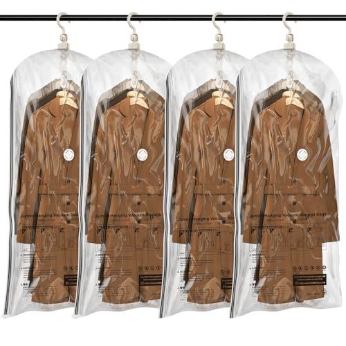 TAILI Hanging Vacuum Sealer Storage Space Saver Bags for Clothes, Suits, Coats or Jackets, 4 Pack Jumbo 53x27.6 Inches, Clear