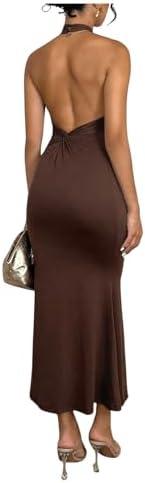 GORGLITTER Women's Open Backless Wedding Guest Dress Ruch Sleeveless Ribbed Bodycon Halter Maxi Dresses, S