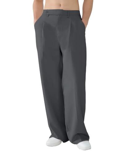 Susclude Wide Leg Dress Pants Men Pleated Baggy Casual Pants for Men Old Money Relaxed Fit Trousers with Slant Pockets Dark Grey, L
