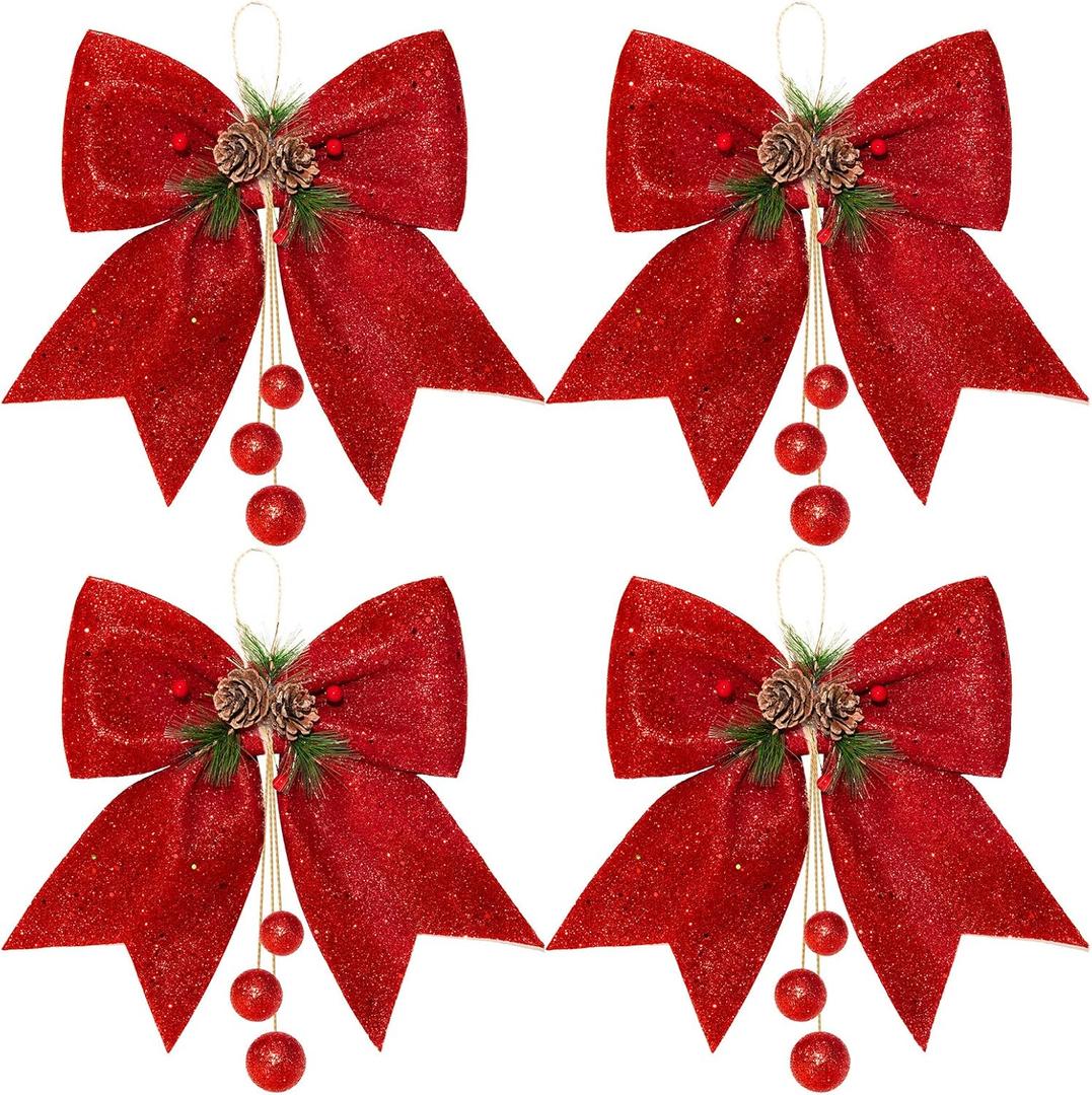 Whaline 4pcs Christmas Bow 9.8 x 11.8in Red Wreaths Bows Christmas Tree Bow Glitter Sequin Xmas Decorative Bows for Home Ornament Decoration Party