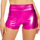 Women's Metallic Booty Shorts Shiny High Waisted Rave Bottoms for Dance Festival (Large, Hot Pink)