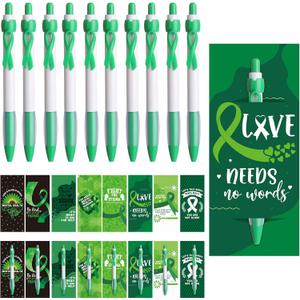 Sayglossy 24 sets Mental Health Awareness Pens Bulk Motivational Retractable Green Ribbon Ballpoint Pen Black Ink with Motivational Cards Bookmarks for Office Charity Favors Items Supplies Accessories