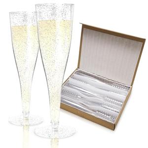 Prestee 40 Pack Plastic Champagne Flutes Disposable - Durable Silver Glitter Champagne Glasses 4.5 oz - Ideal for Parties, Weddings, Mimosa Bar, and Celebrations - Elegant Single Use Party Glasses