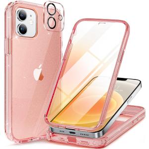 Miracase Glass Series for iPhone 12/12 Pro - Full-Body Rugged Protective Case with Built-in 9H Tempered Glass Screen Protector and Camera Lens Protector - Glitter Rose