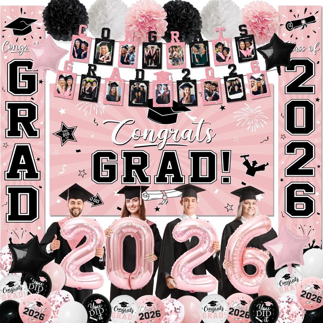 2026 Graduation Decorations, Pink Themed Class of 2026 Decorations Set, Congrats Grad Backdrop, Photo Banner, Door Banner, Balloons and Pom Poms Supplies for High School College Graduation Party