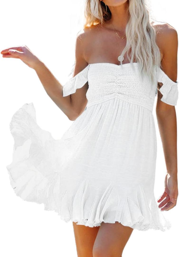 Women's Off Shoulder Mini Dress Sweetheart Neck Smocked Ruffle Flowy Swing Short White Sundress 2024