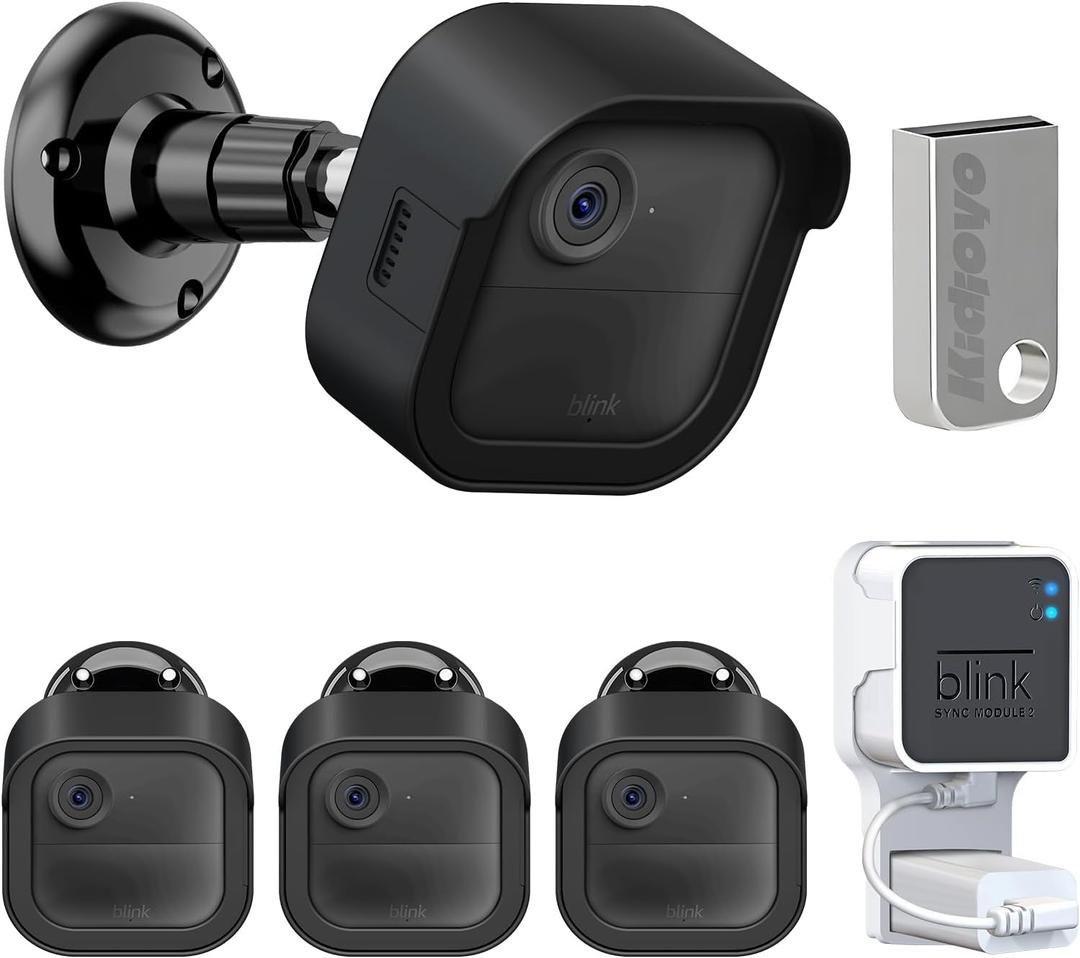 Blink Outdoor 4 Camera Kit with Sync Module 2, 256GB USB Flash Drive & Short Cable, Protective Cover & 360 Mount for Outside (3 Pack)