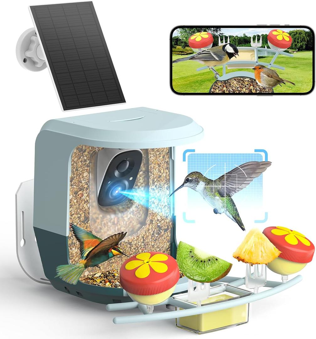 Smart Bird Feeder with Camera Solar Powered - 2K HD Live Video Camera AI Identify Birds, Visible Window Auto Capture& Motion Detection -Instant Arrival Alerts, Birds Lover Gifts (Style B-Blue)