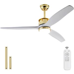 BOJUE 52 Inch Solid Wood Gold Ceiling Fans with Lights and Remote, Reversible Quite DC Motor,6 Speeds with Memory Program,Modern Farmhouse Ceiling Fan with Light for Living Room Patio
