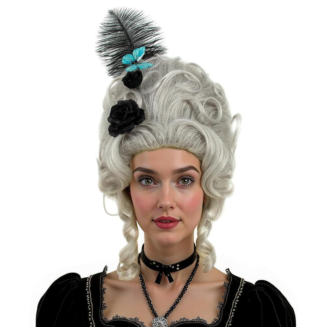R REEWES FASHION HAIR Beehive Wig Victorian Style Grey Short Curly Wig with Black Feather, Rose and Butterfly Accessories Queen Cosplay Halloween Costume Wigs For Women